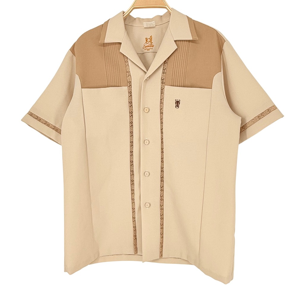 Iolani Executive Shirt Mens Medium Beige Vintage Hawaii Embroidered Short Slv